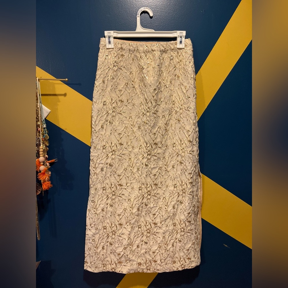 Anthropologie x Self Contrast Cream & Gold Crinkle Midi Skirt NWOT - Picture 4 of 8